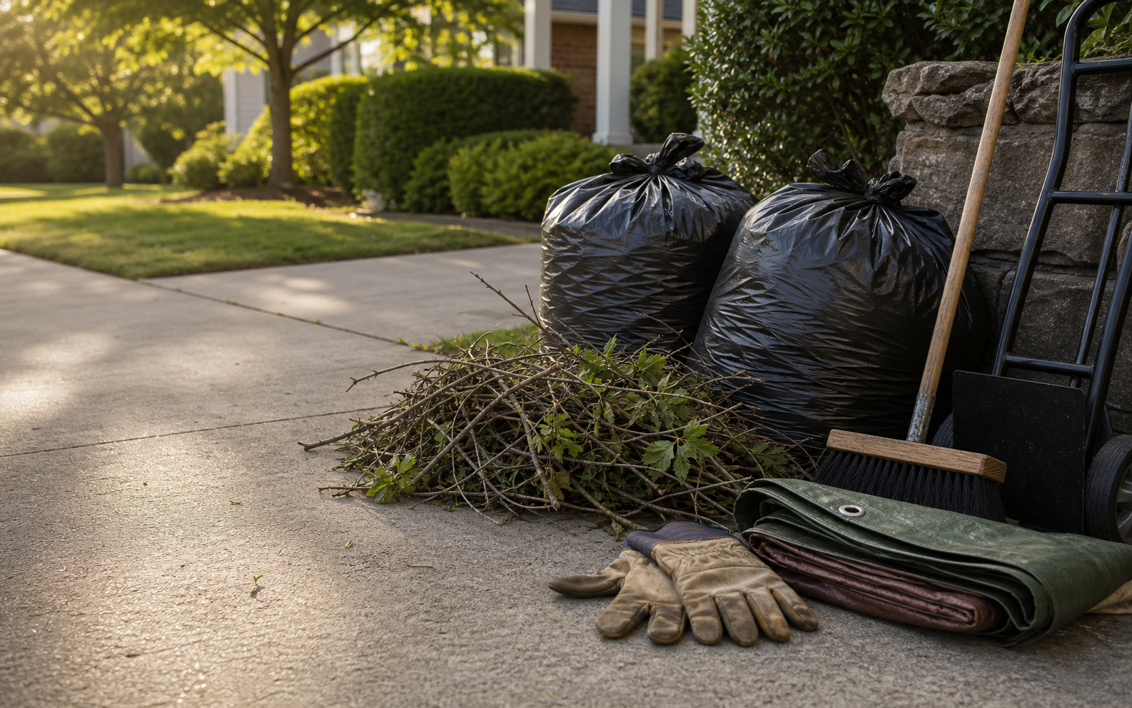 Driveway work materials with gloves, yard debris bags, branches, a broom, and a tarp